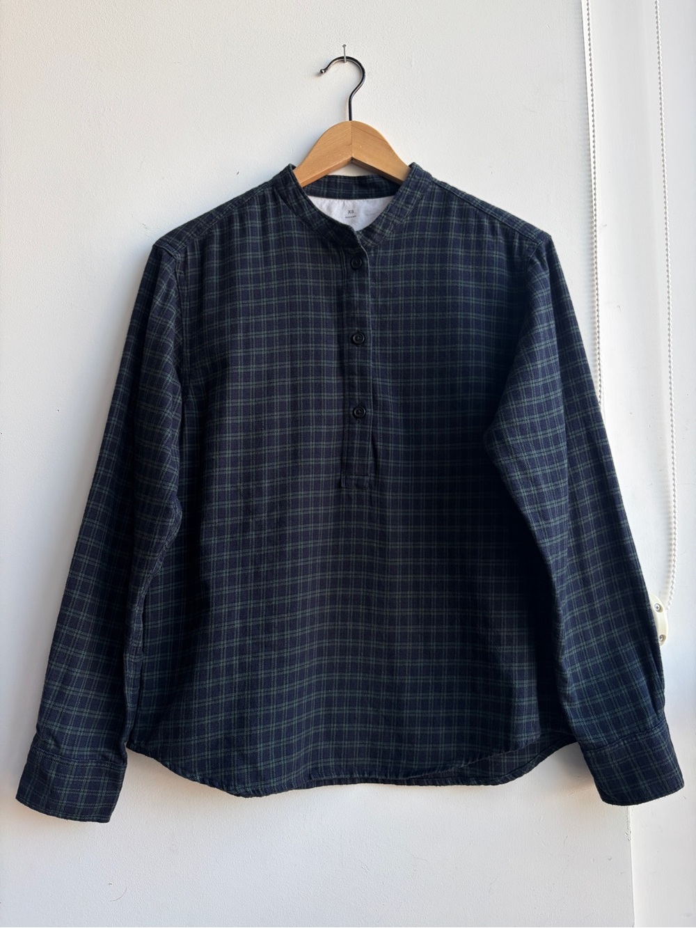 Muji Men's or Women’s Dark Green + Navy Plaid Band-Collar Button-Up Shirt